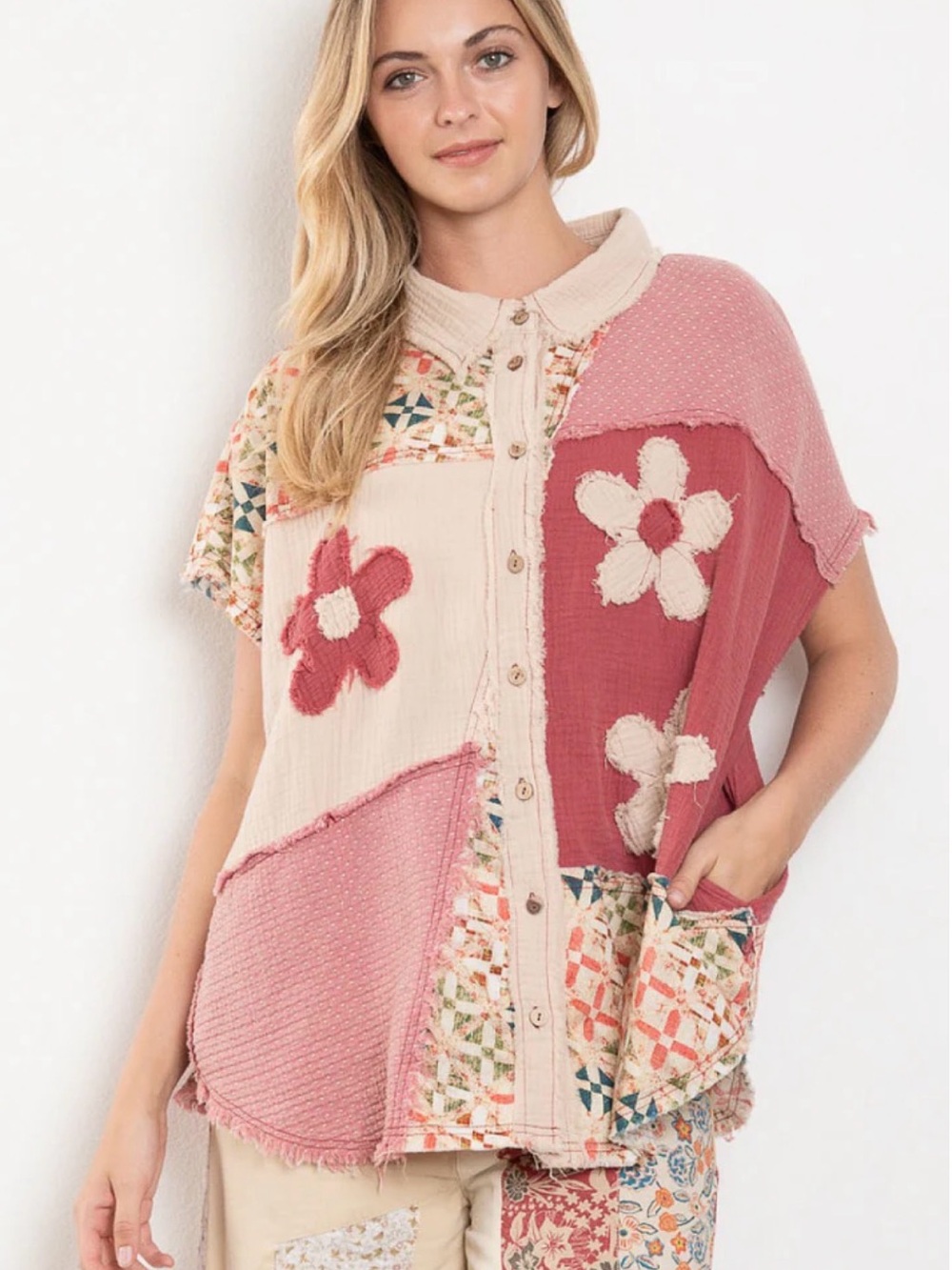 Blue Velvet Shirt Flower Patchwork Button-Down Top Pink White Fray Edge Women S